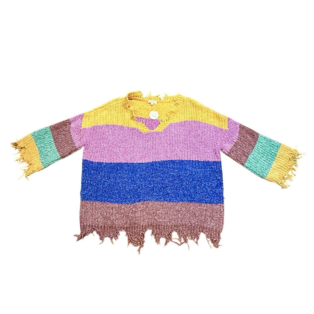 NWT ODDY Women’s Plus The Royal Fringe Knit Striped Sweater Raw Edges 2XL/3XL
